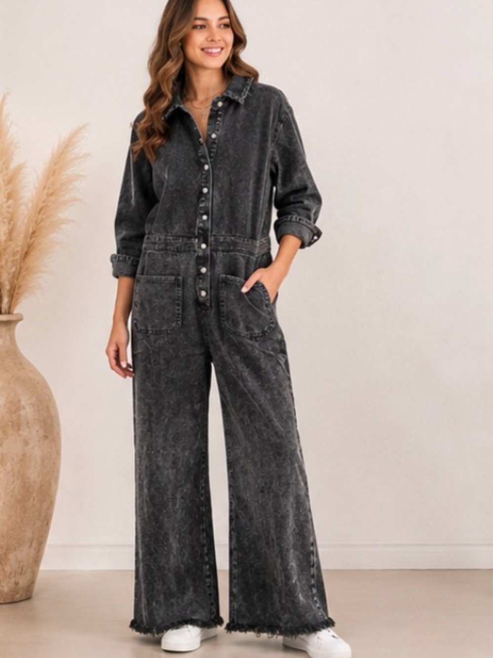 Umgee NWT Black Mineral Wash Denim Jumpsuit Wide Leg Raw Hem L